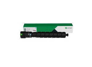 Laser printer toner cartridge with drum unit and green packaging on a white background