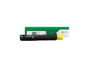 Black laser printer toner cartridge with yellow end cap in front of green packaging box