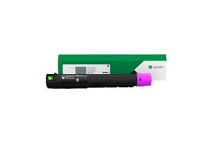 Black toner cartridge with a purple end cap placed in front of green and white packaging box for a laser printer material