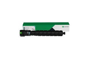 Toner cartridge resting in front of its green and white packaging box on a white background