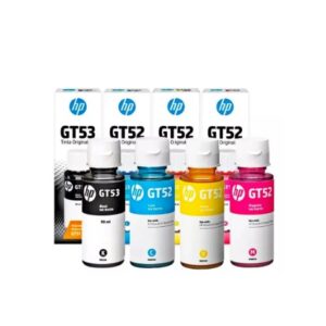 HP GT52 original ink bottle set black cyan yellow magenta with packaging boxes in the background for HP printers