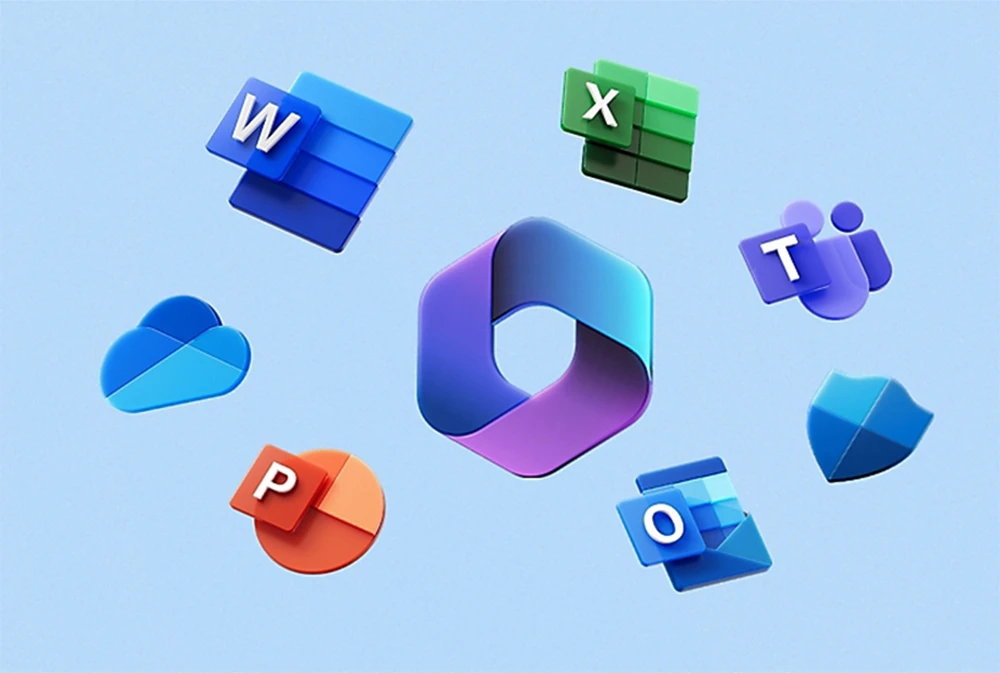 9F4000033 JFM Technology Floating Microsoft 365 app icons Word Excel PowerPoint Teams Outlook OneDrive SharePoint surround a central logo on a blue background