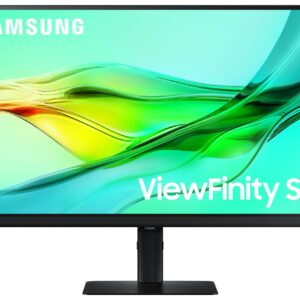 JFM Technology Samsung Viewfinity S6 monitor on a black stand with colorful wallpaper and Samsung logo visible