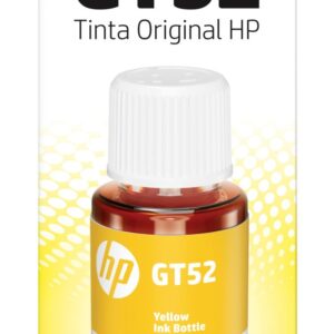 JFM Technology HP GT52 yellow ink bottle packaging blue HP logo bold GT52 text Yellow Ink Bottle label 70 ml bottle with white cap visible