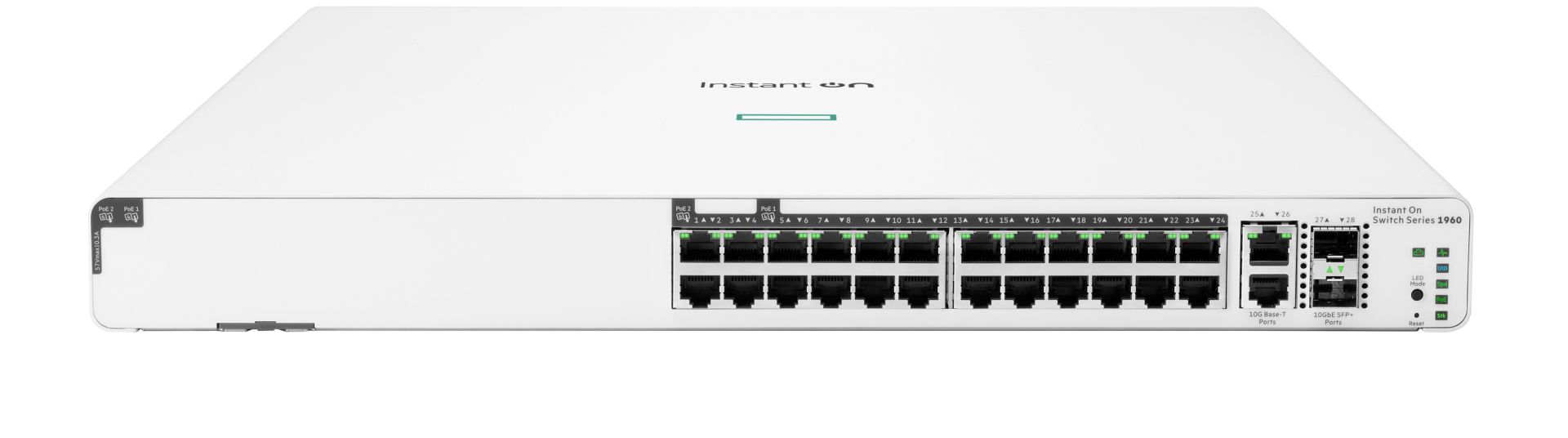 JFM Technology Front view of a white instant on switch series 1960 ethernet switch with 48 rj 45 ports and led indicators