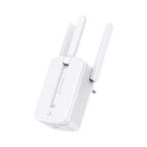 White wireless router with two adjustable antennas and a small status light on the front panel