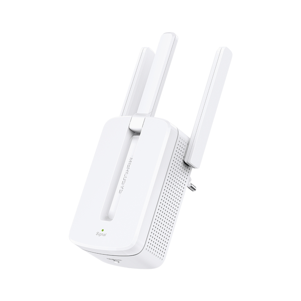 JFM Technology White wireless router with two adjustable antennas and a small status light on the front panel