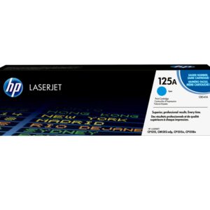 Hp laserjet print cartridge box shows hp logo and 125a model on the side panel for cyan cartridge