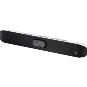 Video conferencing soundbar with an integrated center camera on a black fabric front