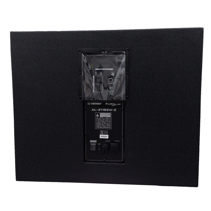 SUBWOOFER Yamaki AL2118 SWE vista 5 JFM Technology Back panel of a black speaker showing input jacks controls and power switch model AL 2115SW E