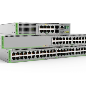 Three stacked allied telesis network switches with numerous rj 45 ports and green labeling on a black background viewed from frontside