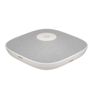 White square portable Bluetooth speaker with a gray fabric top and a circular controlmute button in the center