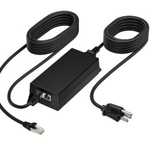 Black rectangular ac power adapter with two long detachable cables and a us style plug used to power a connected device
