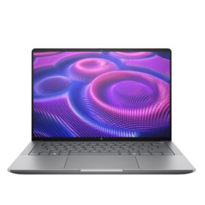 JFM Technology Front view of a silver laptop open and facing the viewer displaying a vivid purple pink abstract wallpaper on screen