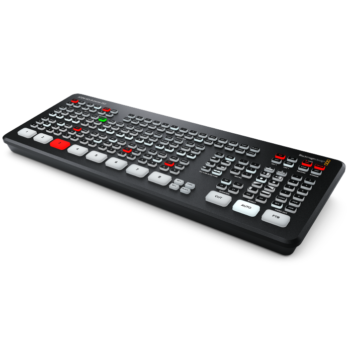 Mezclador Video Blackmagic Atem Sdi Extreme Iso JFM Technology Video production control keyboard with dozens of small color coded keys on a dark base