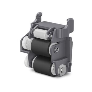 Mechanical roller assembly with two black rollers white gears and grey housing likely a printer or labeler component for moving material