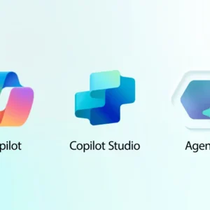 Three logos with text labels Copilot Copilot Studio and Agents on a light gradient background