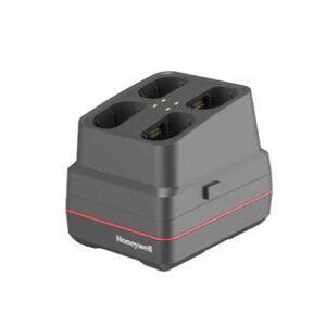 Honeywell four slot battery charger dock in gray with a red accent designed to charge four batteries at once