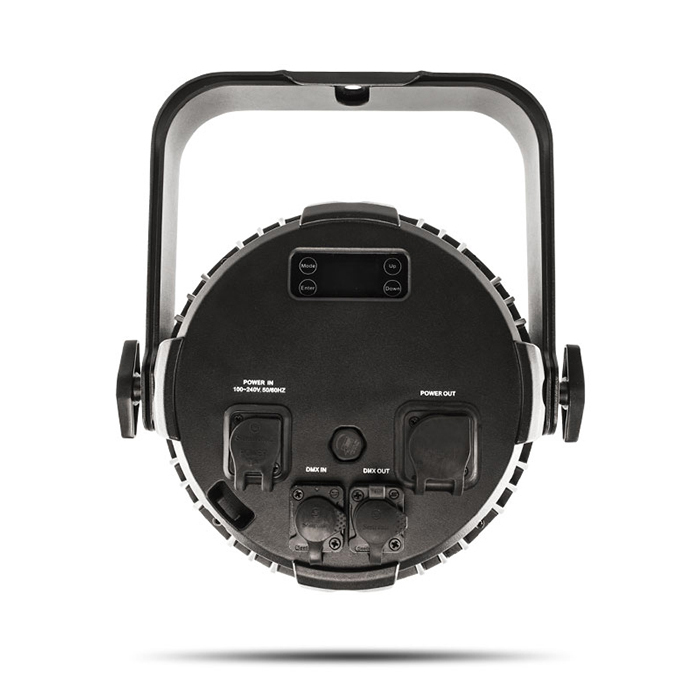 Luminaria Chauvet Parled COLORDASHPARH12IP vista 4 JFM Technology Back view of a round led stage light with dmx inout and power connectors mounted on a u shaped yoke bracket
