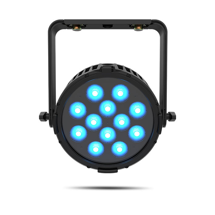 Parled COLORDASHPARH12XIP Chauvet vista 2 JFM Technology Circular black led stage light with blue leds arranged in a ring and a u shaped mounting frame