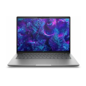 Front view of a silver laptop opened displaying a vibrant purpleblue abstract wallpaper with a dark keyboard in a clean setting