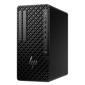 JFM Technology Front view of a black HP desktop tower with a lattice ventilation grille an optical drive slot and a row of USB ports on the right edge