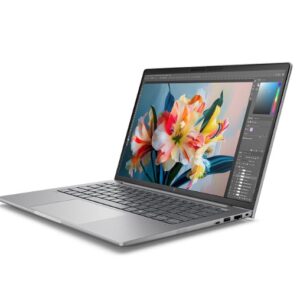 JFM Technology Silver laptop open on a white background displaying a colorful flower wallpaper on its screen