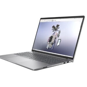 Silver laptop open at a desk screen shows a 3d exploded view of a mechanical device cad model