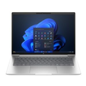 Open silver hp laptop showing windows 11 desktop with start menu on screen and visible keyboard
