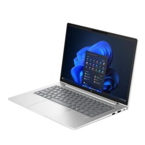 JFM Technology Laptop computer open to the windows 11 desktop silver chassis and keyboard visible angled perspective