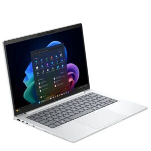 Silver laptop open with Windows 11 start menu visible on the screen keyboard and touchpad in view
