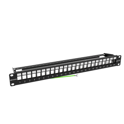 JFM Technology 24 port Ethernet patch panel with two green cables plugged into ports shown at an angle