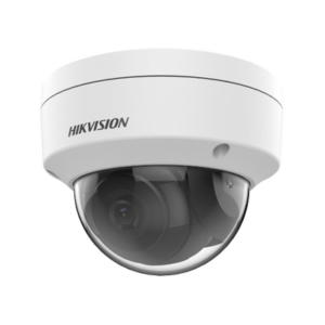 Hikvision dome surveillance camera with a black lens inside a white housing