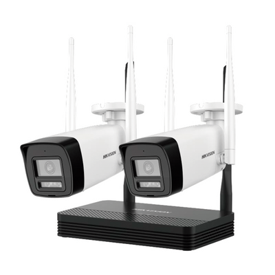 JFM Technology Two white wireless security cameras mounted on a black dual antenna base for home surveillance