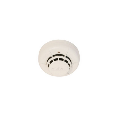 JFM Technology White round smoke detector with vents mounted on a ceiling