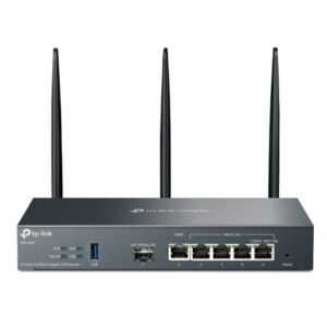 TP Link wireless router with three external antennas LED indicators and multiple LANWAN ports on the front panel