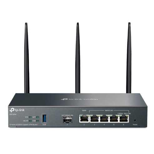 JFM Technology TP Link wireless router with three external antennas LED indicators and multiple LANWAN ports on the front panel