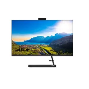 JFM Technology Ultra wide computer monitor on a black stand displaying a scenic mountain landscape with blue sky and valley
