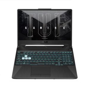 JFM Technology ASUS gaming laptop open with turquoise backlit keyboard and a large screen displaying a bold GAMING graphic