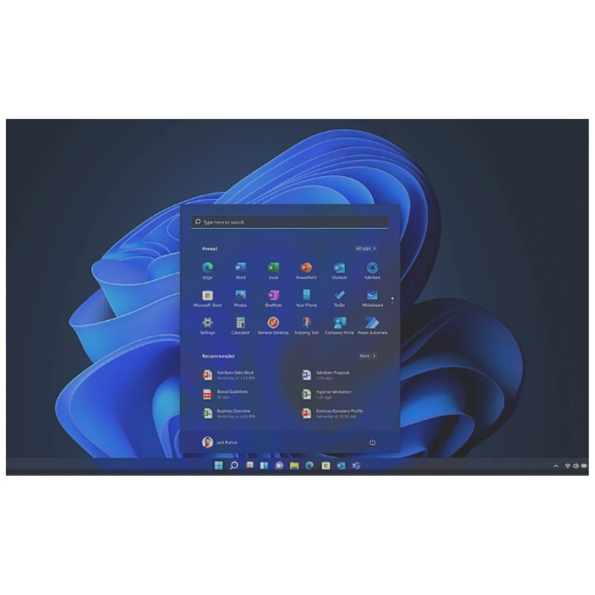 FQC105723 JFM Technology Windows 11 desktop with the start menu open showing apps and search bar on a blue wallpaper