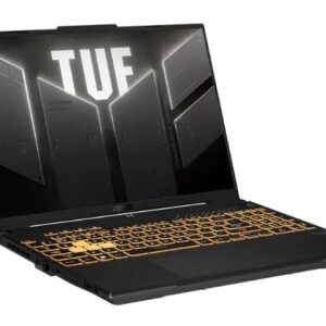 ASUS TUF gaming laptop open with an orange backlit keyboard and a screen displaying the TUF logo