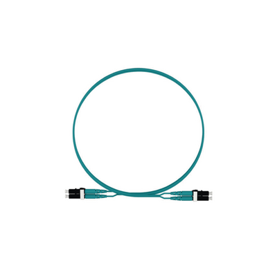 JFM Technology Blue fiber optic patch cable looped into a circle with connectors at both ends