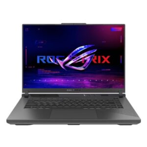 Open gray gaming laptop with a vibrant screen displaying the rog logo on a white background
