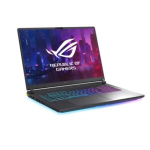 JFM Technology Open black gaming laptop with rgb backlit keyboard displaying republic of gamers logo on the screen