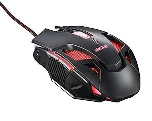 Wired black gaming mouse with red led accents and ergonomic grip