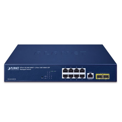 PLANET GS42108T2S Switch Ethernet Gigabit gestionable de 8 puertos de cobre 101001000BASET y 2 interfaces de fibra óptica SFP 1001000BASEX JFM Technology Planet gs 4210 8t2s switch ethernet gigabit gestionable de 8 puertos de cobre 101001000base t y 2 interfaces de fibra óptica sfp 1001000base x