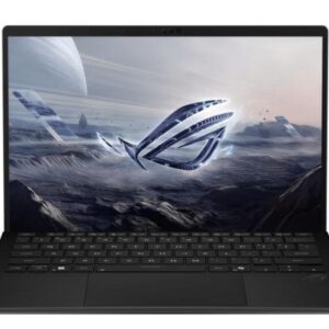 JFM Technology Black laptop open on a white background screen displaying a space scene with a sleek spacecraft