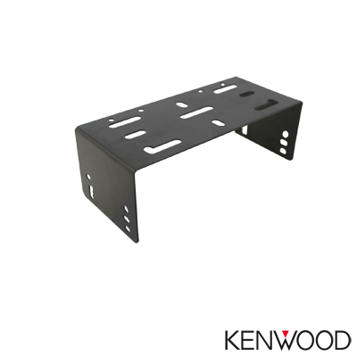 JFM Technology Black metal L shaped mounting bracket with multiple slotted holes for adjustable car stereo installation Kenwood branding shown