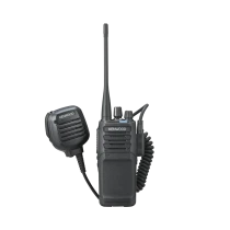 K2K0249103 JFM Technology Two way handheld radio with antenna microphone and belt clip for portable communication accessorized by a corded mic on the side