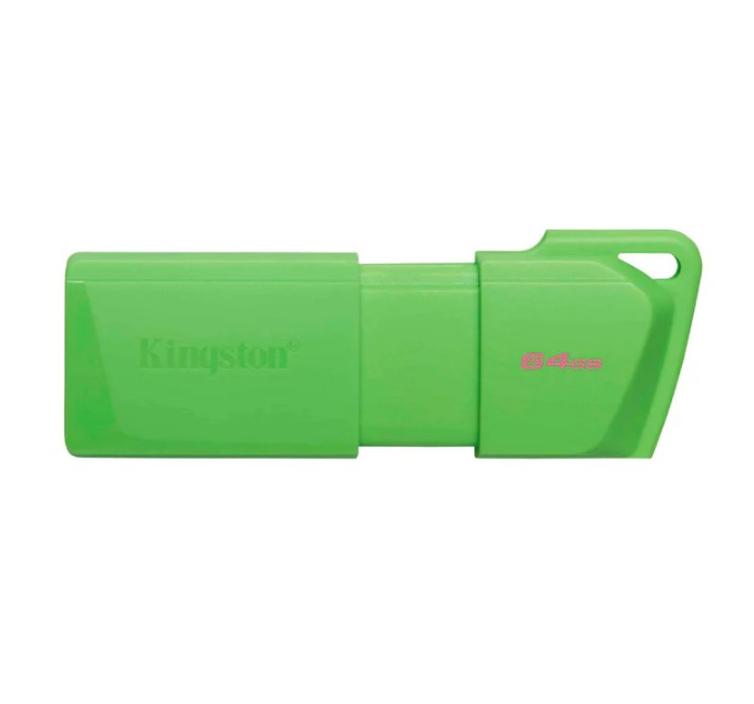 JFM Technology Green kingston usb flash drive with 64 gb capacity visible and cap housing on the right cap removed from the usb end